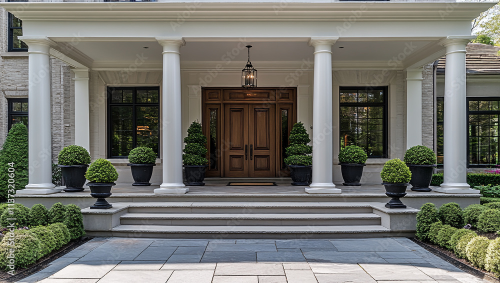 Obraz premium Traditional Front Door of Elegant Home with Large Columns and Clear Glass Windows