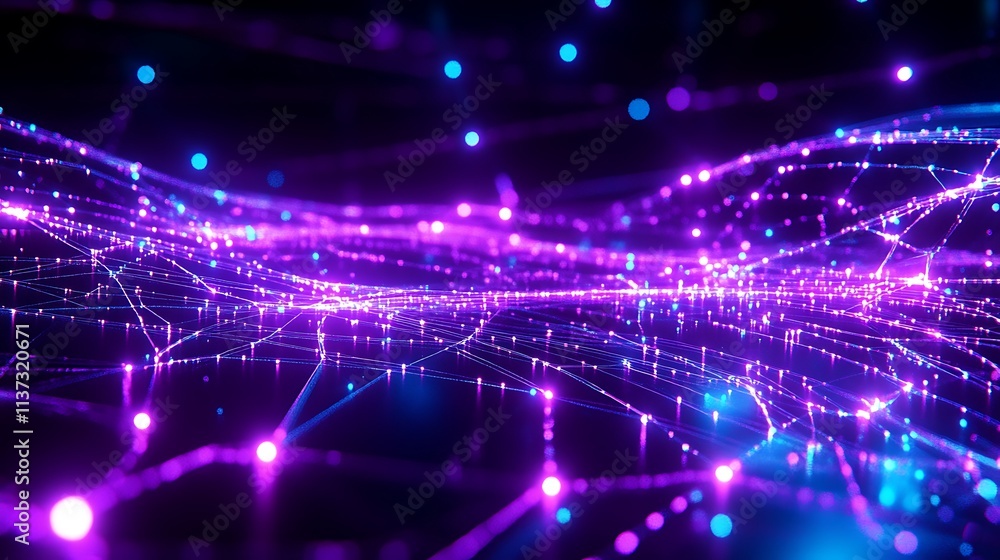 Fototapeta premium Abstract Digital Background with Glowing Pink and Blue Light Particles in a Network Visualization