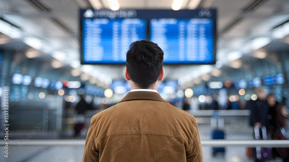 Man standing at airport terminal, gazing at large digital screen showing immigration policies, amidst bustling crowd and luggage, highlighting importance of travel regulations and border control infor Man standing at airport terminal, gazing at large digital screen showing immigration policies, amidst bustling crowd and luggage, highlighting importance of travel regulations and border control infor