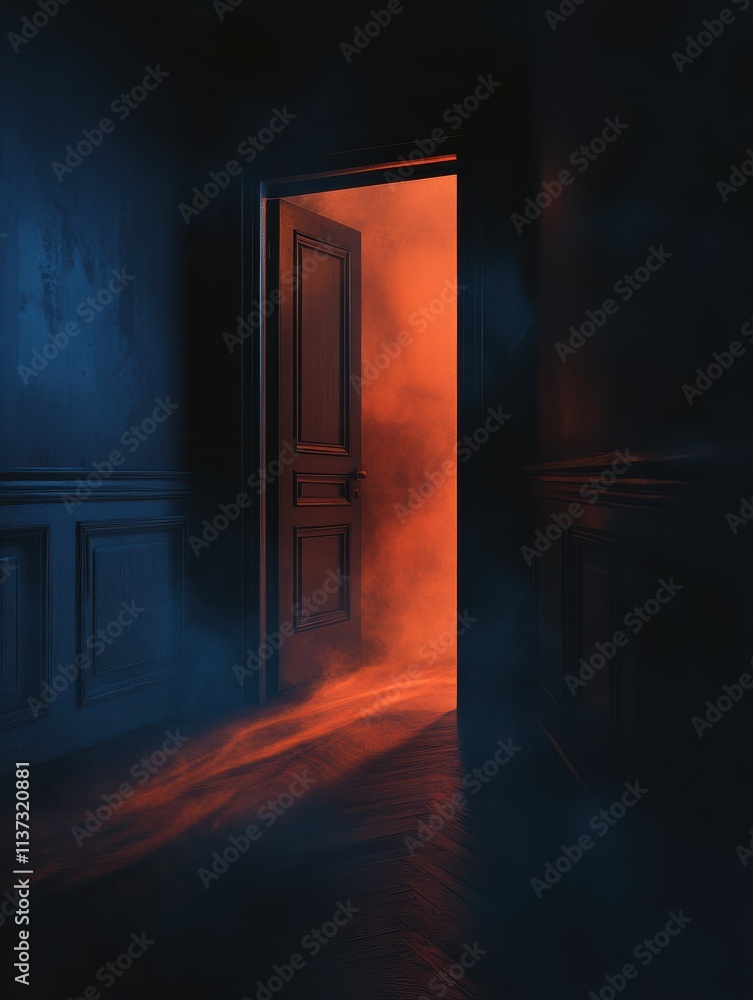 Half open door from the dark room, fear of the unknown vector concept illustration, bedroom scary nightmare theme. Half open door from the dark room, fear of the unknown vector concept illustration, bedroom scary nightmare theme.