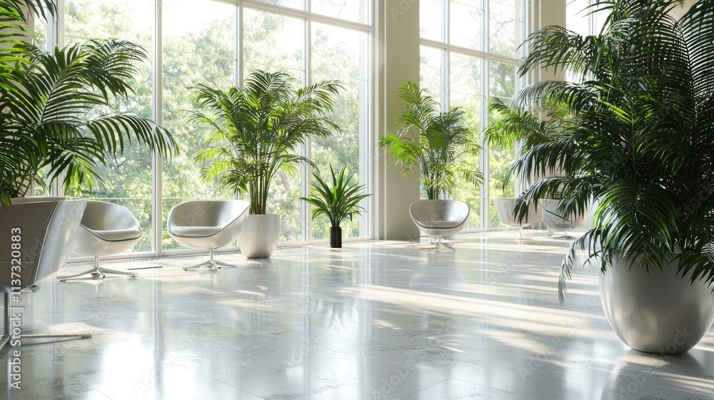 A sleek and modern office space featuring large windows, minimalistic furniture, and indoor plants, ideal for promoting productivity and a welcoming working environment. A sleek and modern office space featuring large windows, minimalistic furniture, and indoor plants, ideal for promoting productivity and a welcoming working environment.
