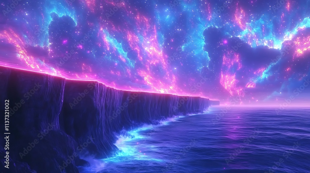 Fototapeta premium Vibrant cosmic nebula over a glowing cliff and ocean.