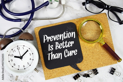 Foto Prevention Is Better Than Cure text on speech bubble with alarm clock, magnifyin