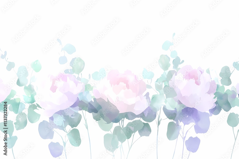 Fototapeta premium Soft Pastel Floral Arrangement with Eucalyptus and Blurred Background