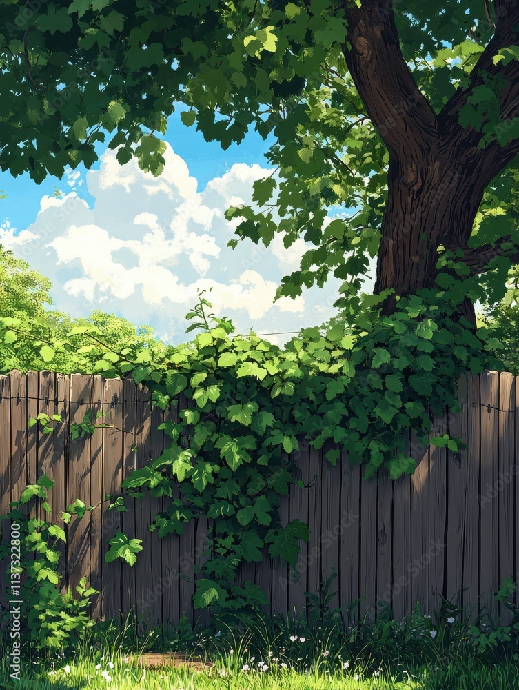 Illustration of a vine plant in a fence under the big tree Illustration of a vine plant in a fence under the big tree