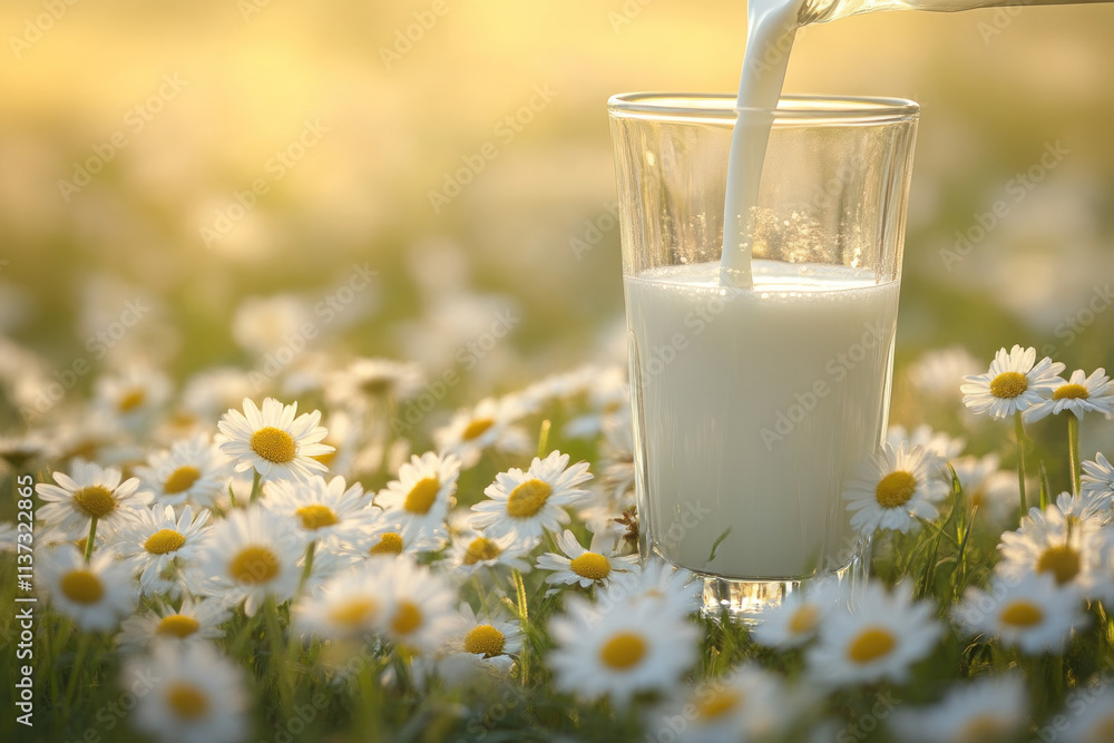 Milk pouring into glass in daisy field at sunset. Milk pouring into glass in daisy field at sunset.