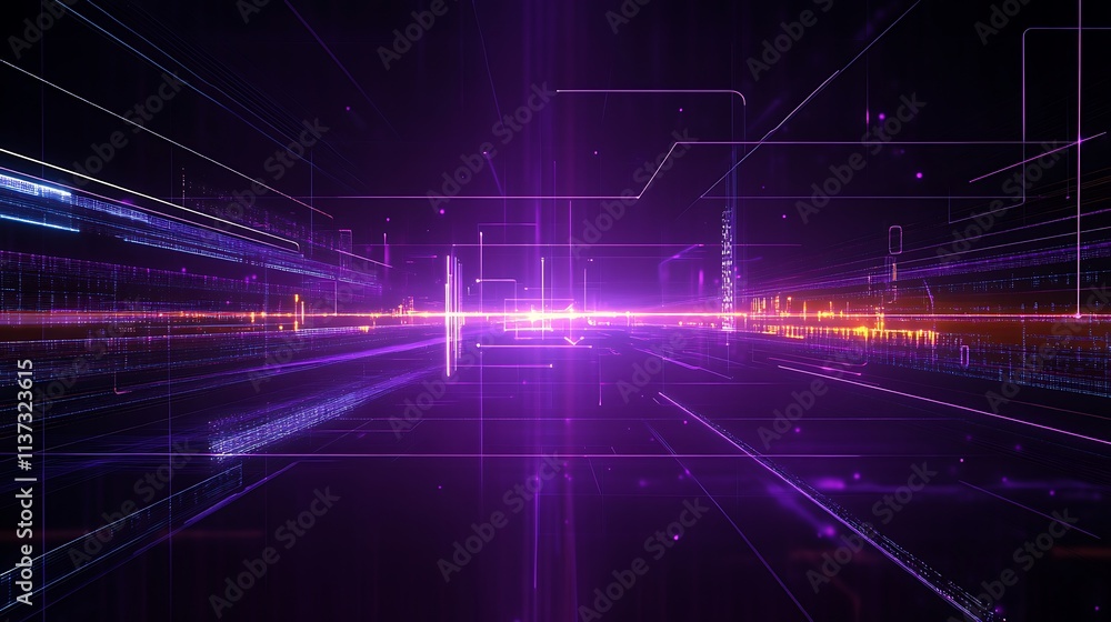 Abstract Futuristic Background with Light Beams and Digital Elements in Purple and Blue Hue Colors Abstract Futuristic Background with Light Beams and Digital Elements in Purple and Blue Hue Colors