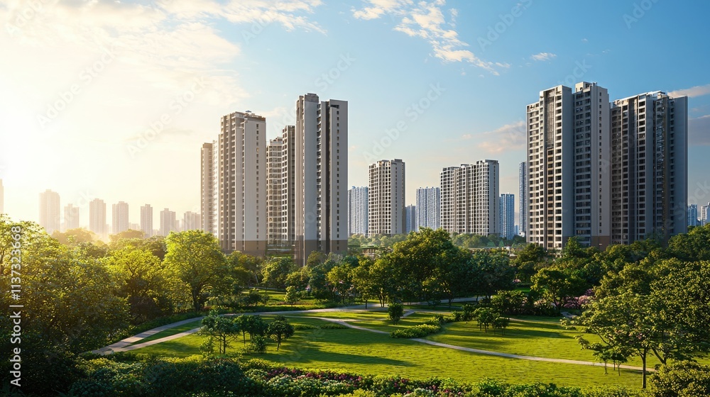 Fototapeta premium A stunning view of a modern residential complex surrounded by greenery and vibrant nature, showcasing clean lines and a peaceful urban lifestyle under a bright blue sky.