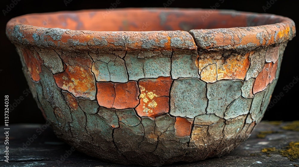 Fototapeta premium A weathered ceramic bowl with cracked paint and earthy tones, showcasing age and texture.