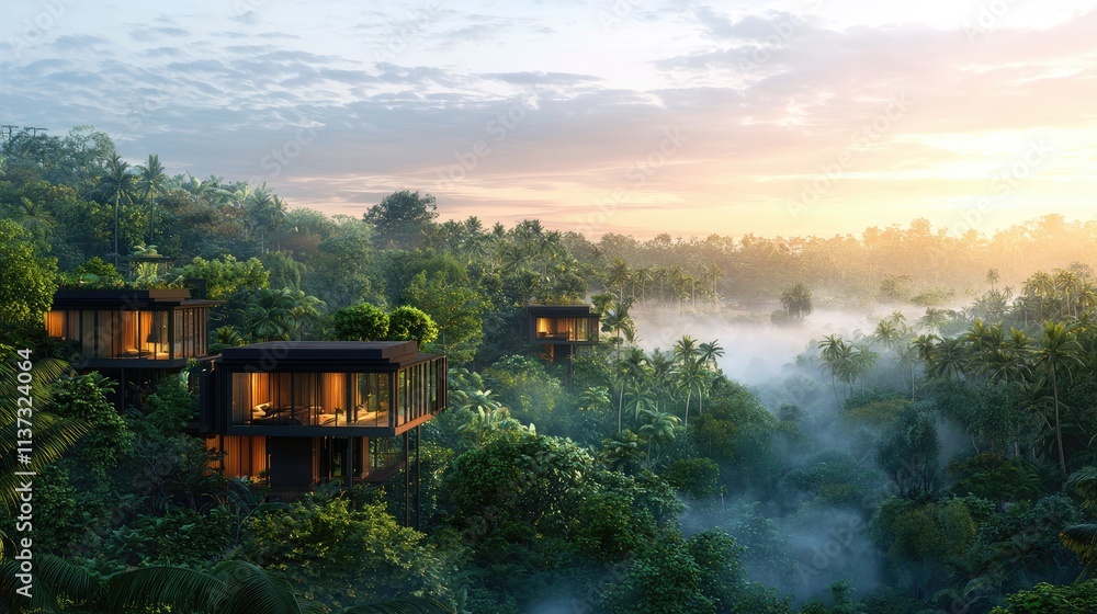 Fototapeta premium Experience the serene beauty of a lush green forest shrouded in mist, highlighting the rich biodiversity and tranquil atmosphere of this tropical landscape at dawn.