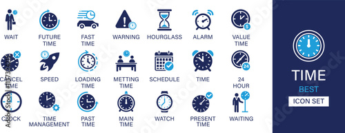 Time icon set collection. Wait, future, warning, hourglass, alarm, value, speed, loading, meting, schedule, 24 hour, clock and best solid icon set.