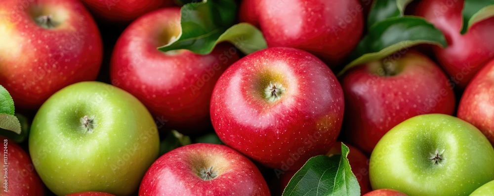 Apple harvest idea. A vibrant assortment of fresh red and green apples with lush green leaves. Apple harvest idea. A vibrant assortment of fresh red and green apples with lush green leaves.