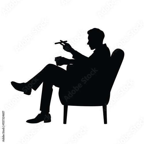 Silhouette of a man sitting on a chair enjoying a cigar and a glass of drink