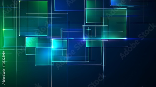 Abstract geometric shapes in vibrant blue and green colors with glowing effects on dark background