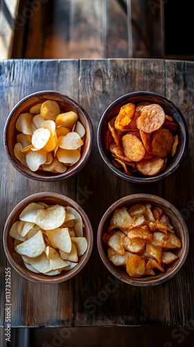 Crispy Potato Chips Assortment in Wooden Bowls on Rustic Table