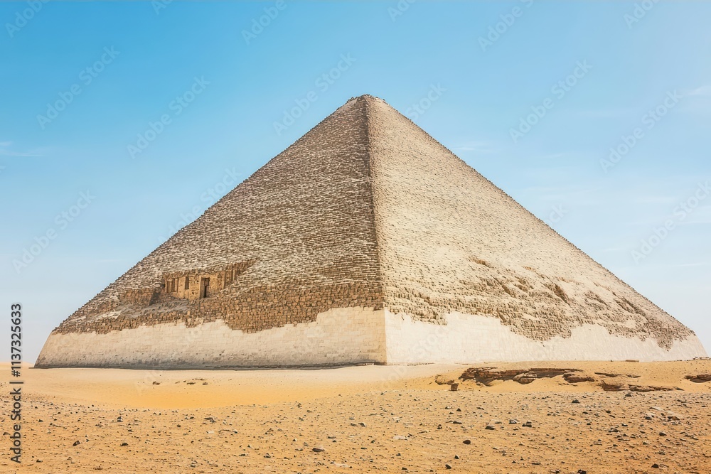 A pyramid structure in a desert landscape under a clear blue sky. A pyramid structure in a desert landscape under a clear blue sky.