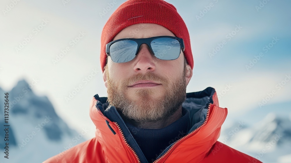 A man wearing a red hat and a red jacket is standing in front of a mountain A man wearing a red hat and a red jacket is standing in front of a mountain