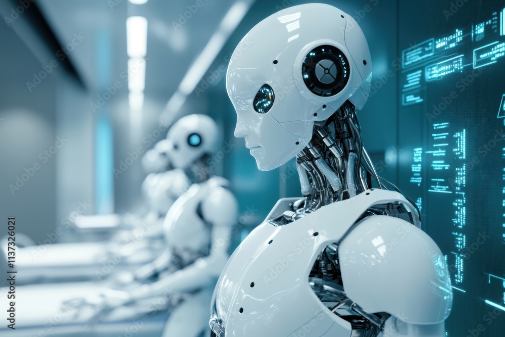 Naklejka premium Futuristic robots in a high-tech environment, showcasing advanced design.