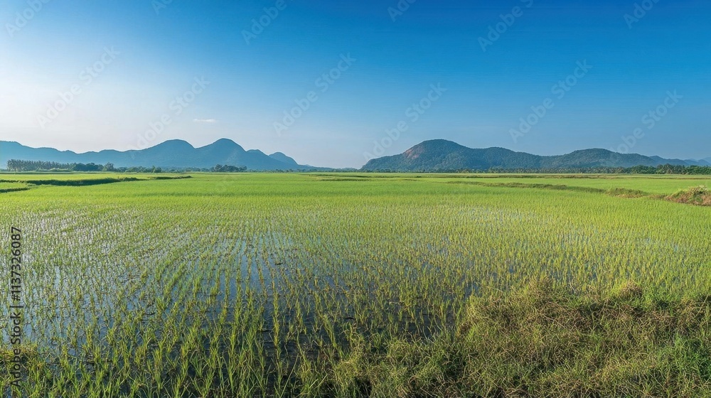 Lush green rice fields under a clear blue sky with distant mountains.