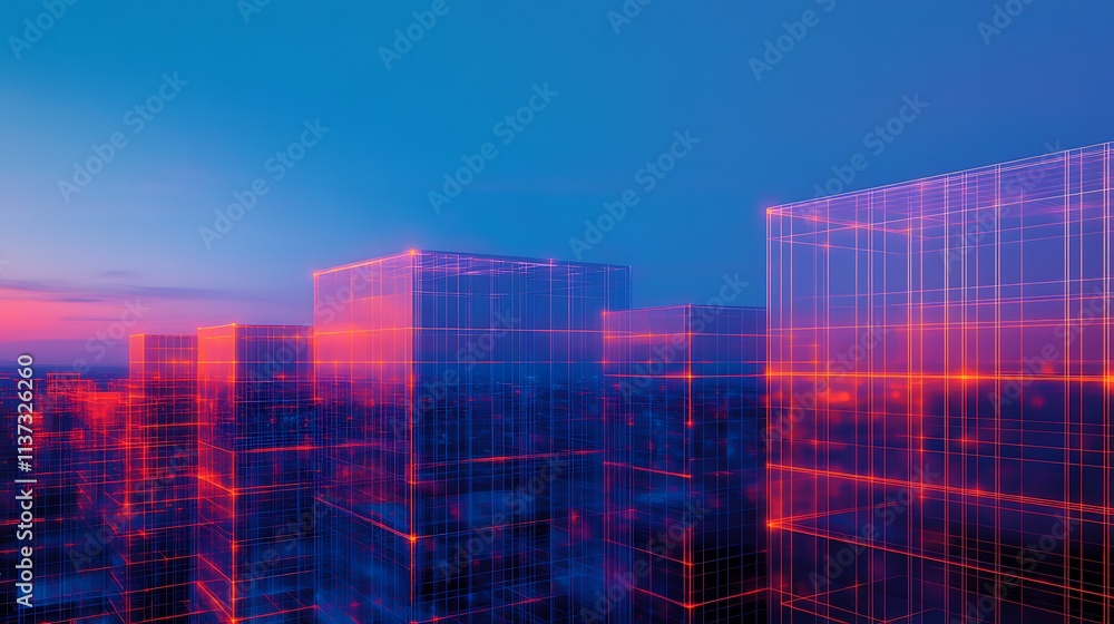 Fototapeta premium Abstract representation of digital city skyline with glowing grid structures and colorful sunset background
