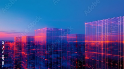 Abstract representation of digital city skyline with glowing grid structures and colorful sunset background