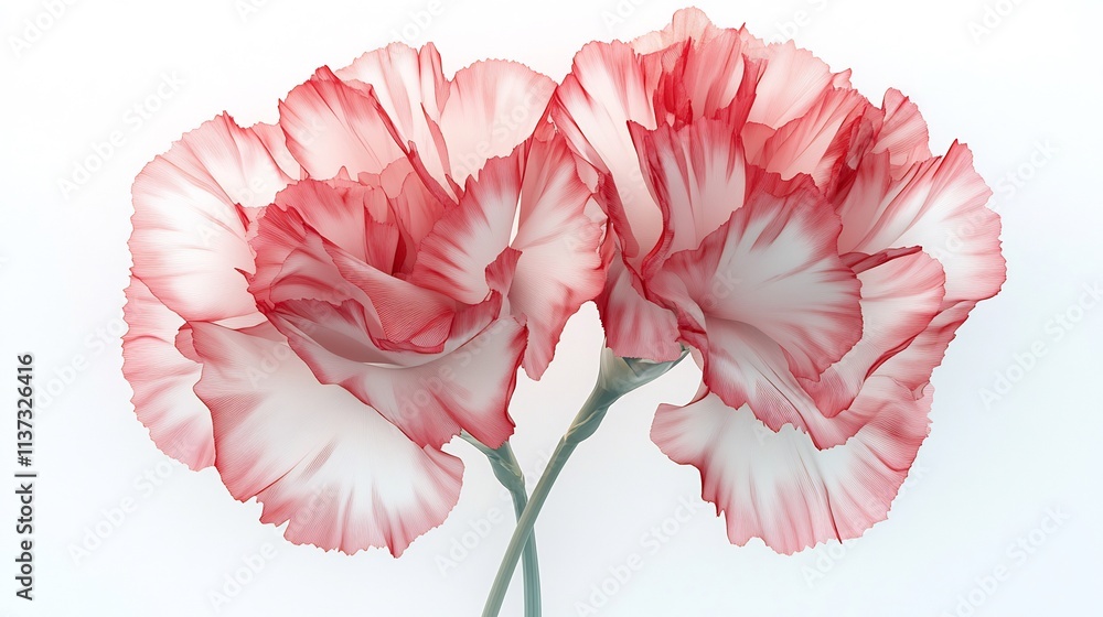 Two delicate pink and white carnations on white background. Two delicate pink and white carnations on white background.