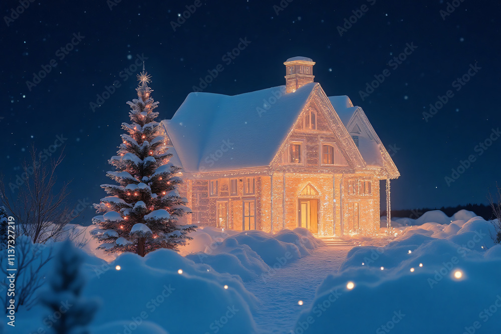 Fototapeta premium Crystal house and Christmas tree at night