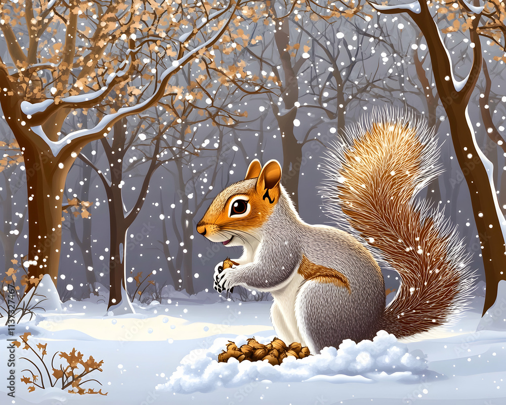 Obraz premium Adorable squirrel enjoying winter, snowy forest.