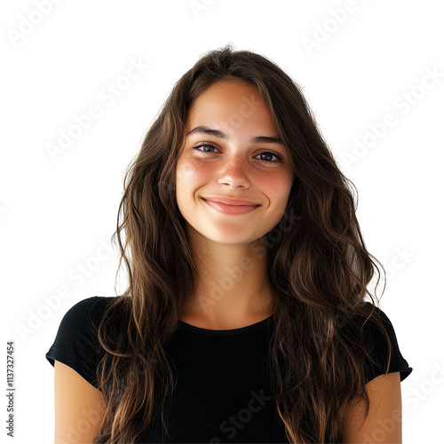 Natural smiling young woman standing against a transparent background, showcasing joy and warmth in her expression, natural smiling young woman isolated on transparent background