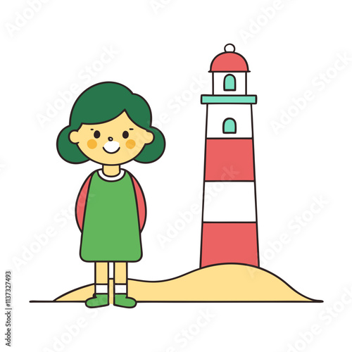 a beautiful girl kid visiting a lighthouse