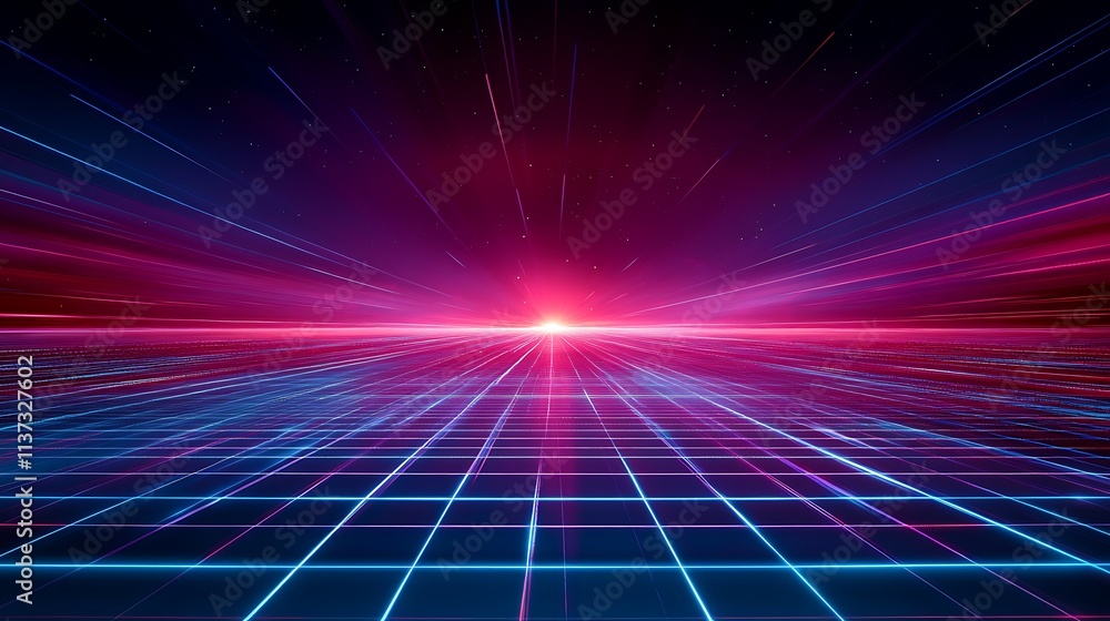 Futuristic 3D Landscape with Neon Lights and Grid Horizon in Deep Space with Stars and Colorful Vortex Effect Futuristic 3D Landscape with Neon Lights and Grid Horizon in Deep Space with Stars and Colorful Vortex Effect