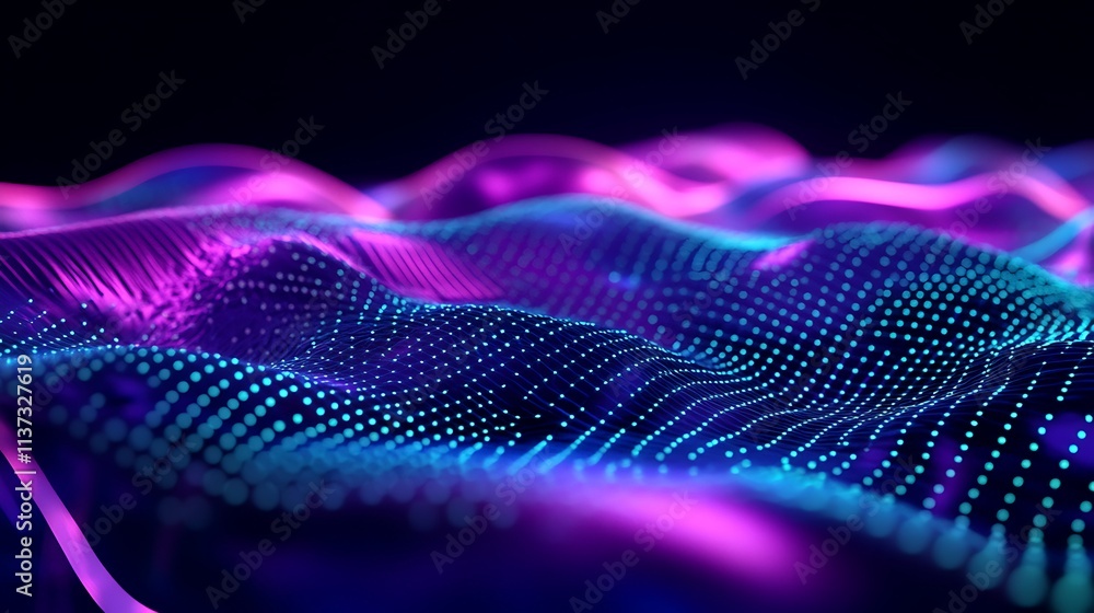 Futuristic Abstract Background of Colorful Wave Patterns with Dots and Light Flare Effects in Dark Environment Futuristic Abstract Background of Colorful Wave Patterns with Dots and Light Flare Effects in Dark Environment
