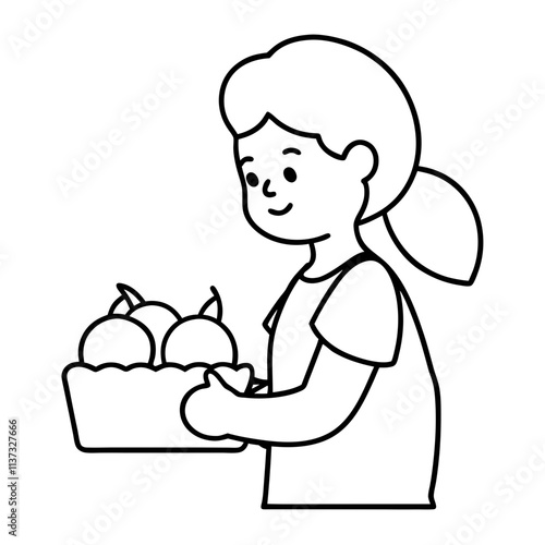 cartoon girl at a market browsing fresh produce kids traveling Line Art coloring book Vector design