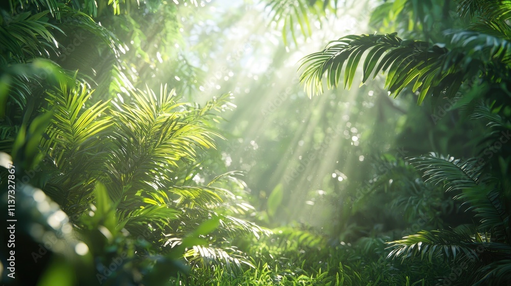 Fototapeta premium A stunning view of a lush green forest bathed in sunlight, with rays filtering through the trees, showcasing the vibrant foliage and peaceful atmosphere of nature.