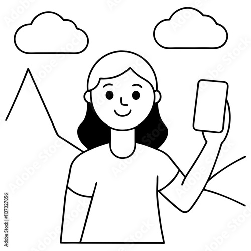 Cartoon girl taking selfies with scenic kids traveling Line Art coloring book Vector design