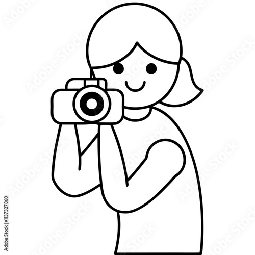 cartoon girl taking photos with a camera kids traveling Line Art coloring book Vector design