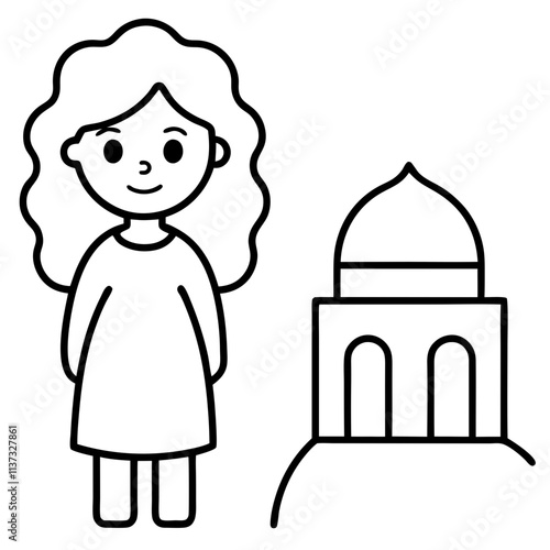 cartoon girl visiting a historical monument kids traveling Line Art coloring book Vector design