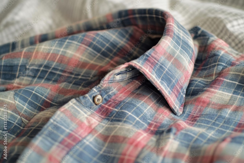 Close-up of a plaid shirt collar on a textured background. Close-up of a plaid shirt collar on a textured background.