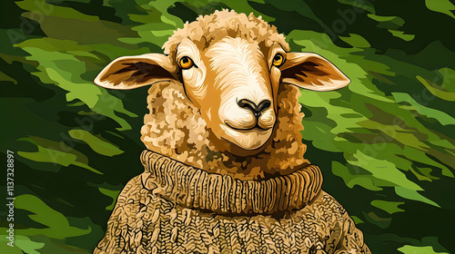 A sheep wearing a knitted sweater against a camouflage background. photo