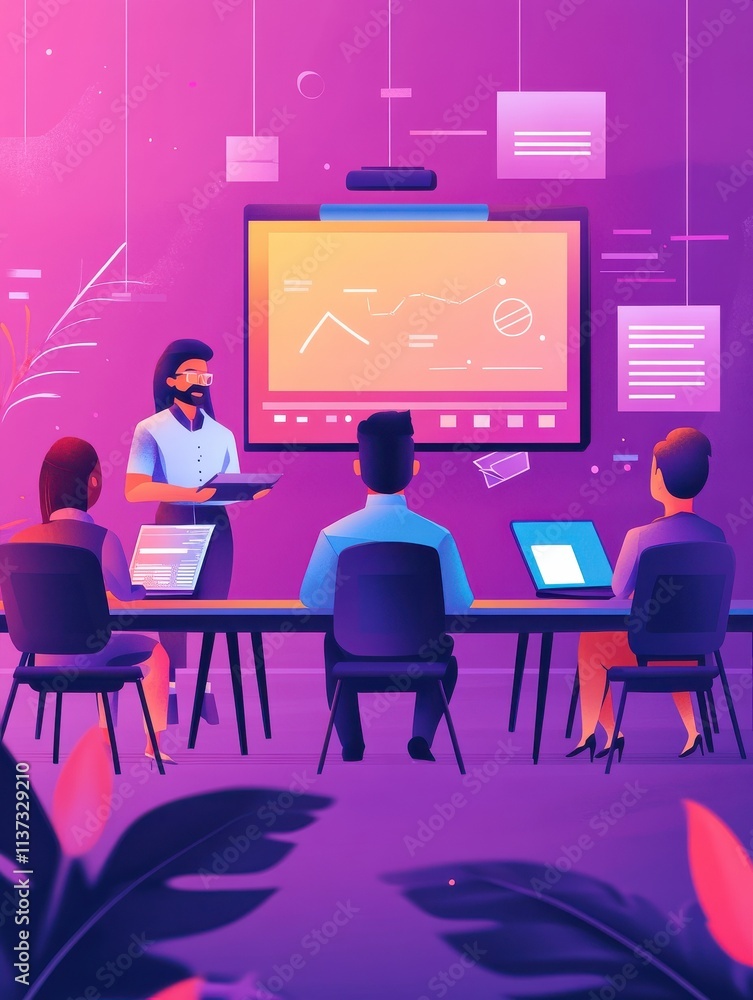 Students with laptops sitting around lector behind interactive board. Modern education landing page. Blended learning, digital and smart classroom, violet palette. Website landing web page. Students with laptops sitting around lector behind interactive board. Modern education landing page. Blended learning, digital and smart classroom, violet palette. Website landing web page.