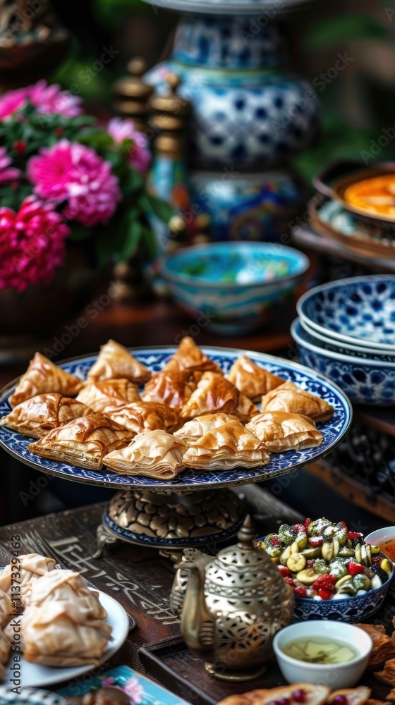 A beautifully arranged platter of pastries amidst decorative items. A beautifully arranged platter of pastries amidst decorative items.
