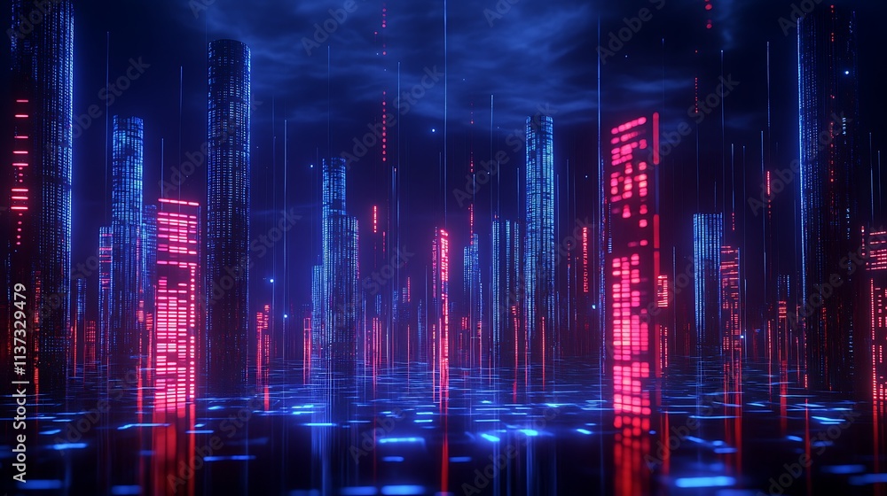 Fototapeta premium Futuristic City Skyline with Neon Lights and Digital Elements in a Night Scene with a Glowing Atmosphere