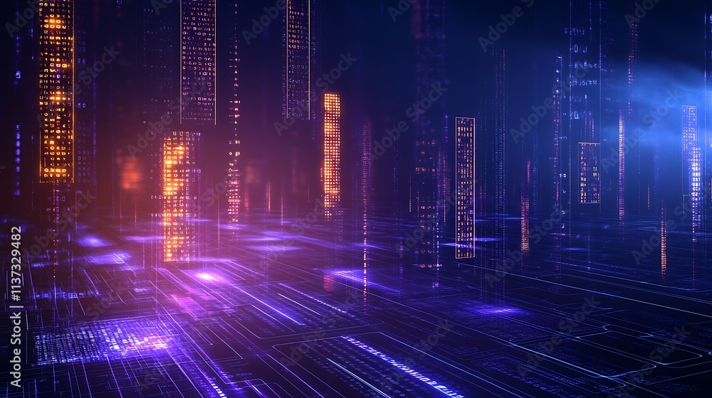 Futuristic cityscape in neon colors with glowing lines and digital elements, evoking technology and innovation Futuristic cityscape in neon colors with glowing lines and digital elements, evoking technology and innovation