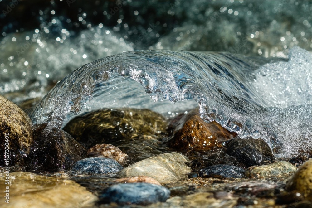 Fototapeta premium Close-up of flowing water over smooth stones in a natural setting.