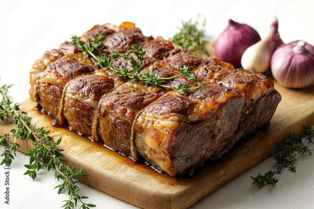 Wooden cutting board piled with sliced meat, surrounded by assorted fresh herbs and spices, against a blurred kitchen background. Wooden cutting board piled with sliced meat, surrounded by assorted fresh herbs and spices, against a blurred kitchen background.