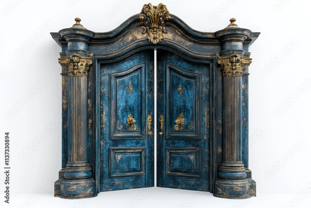 Pair of blue painted doors in a rustic stone wall, adorned with intricate ironwork, leading to a lush garden, under a clear blue sky. Pair of blue painted doors in a rustic stone wall, adorned with intricate ironwork, leading to a lush garden, under a clear blue sky.