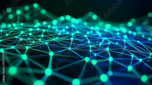 Futuristic Digital Landscape with Interconnected Lines and Glowing Nodes in Blue and Green Tones