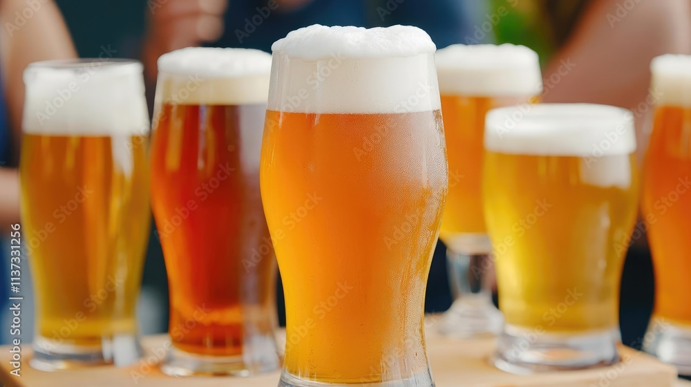 Beer party concept. Assorted beers in glasses with frothy tops, showcasing vibrant colors and textures.