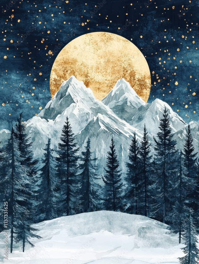 Naklejka premium Winter background vector. Hand painted watercolor and gold brush texture, Mountain with snow, pine forest and moon hand drawing. Design for wallpaper, wall arts, cover, wedding and. invite card.