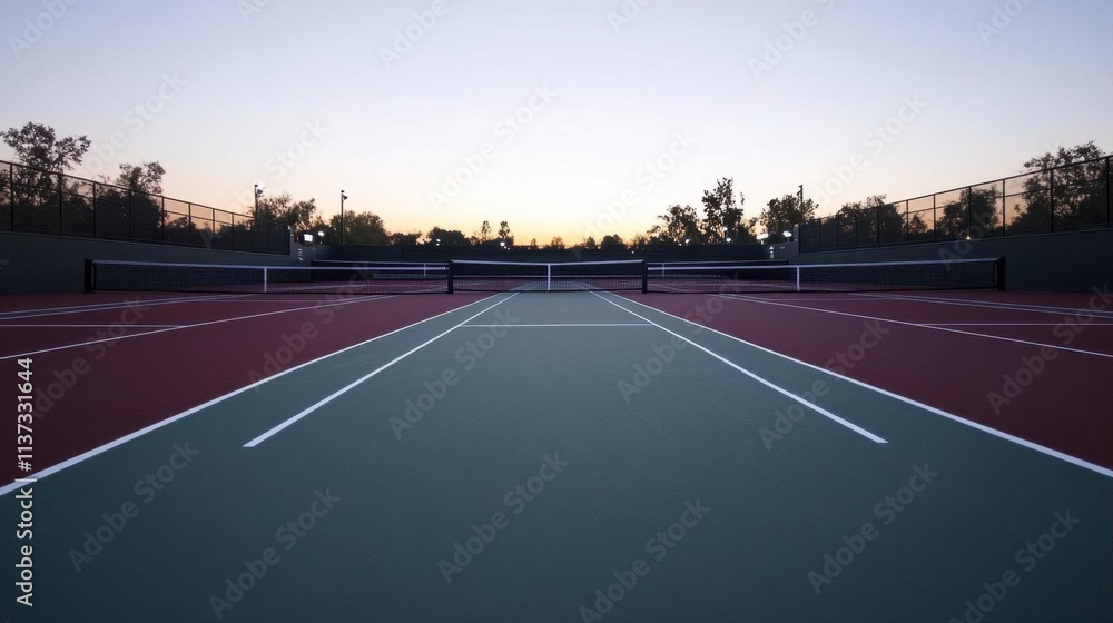 Fototapeta premium A serene tennis court at dusk, ready for evening matches.